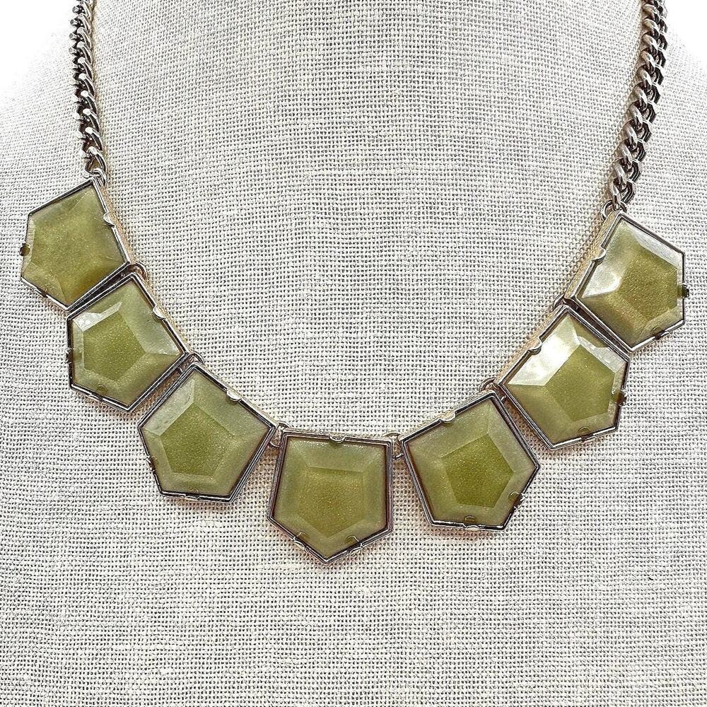 Vintage Gold Tone Chunky Statement Chain Necklace Green Geometric Shield Bib Y2K
